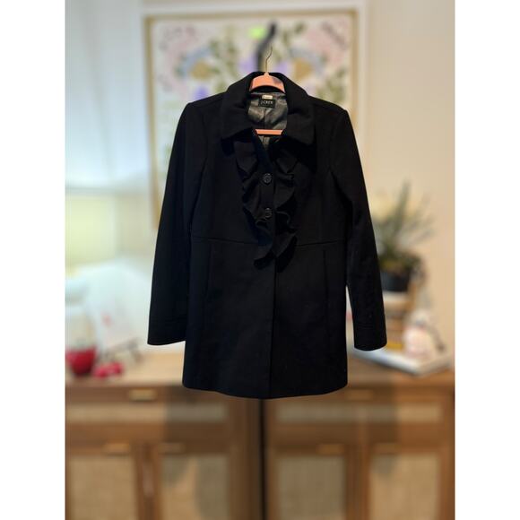 J. Crew Wool Ruffle Trim Front Button Pea Coat 17501 Black Womens Size Small - Picture 4 of 9
